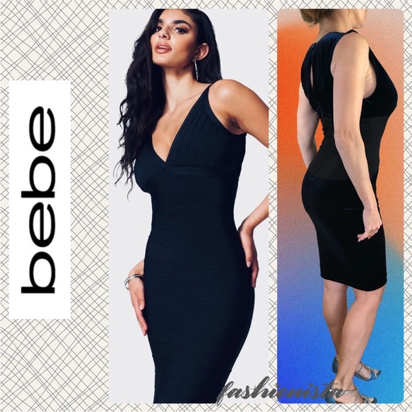 bebe Dresses & Skirts - Bebe Blue Velvet deep v neck sexy midi dress XS